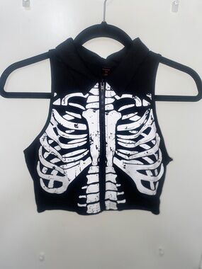 Zip-up Black Crop Tank with White Skeleton Print XS/S
